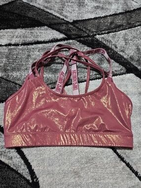 VICTORIA SPORT 2019 METALLIC ROSE-GOLD SHIMMER CRISS-CROSS STRAPPY SPORTS BRA